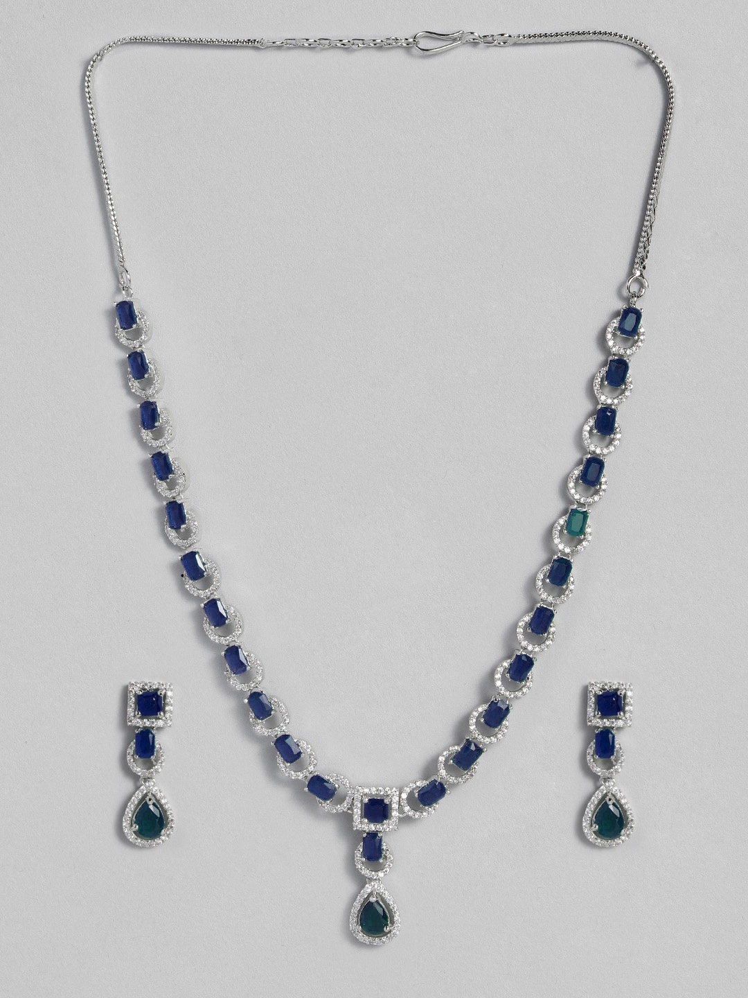 

justpeachy Blue & Silver-Plated AD Studded Jewellery Set