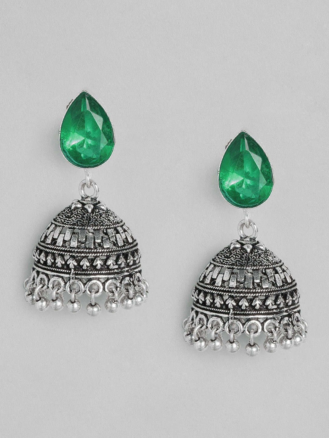 

justpeachy Green & Silver-Plated Dome Shaped Oxidised Jhumkas