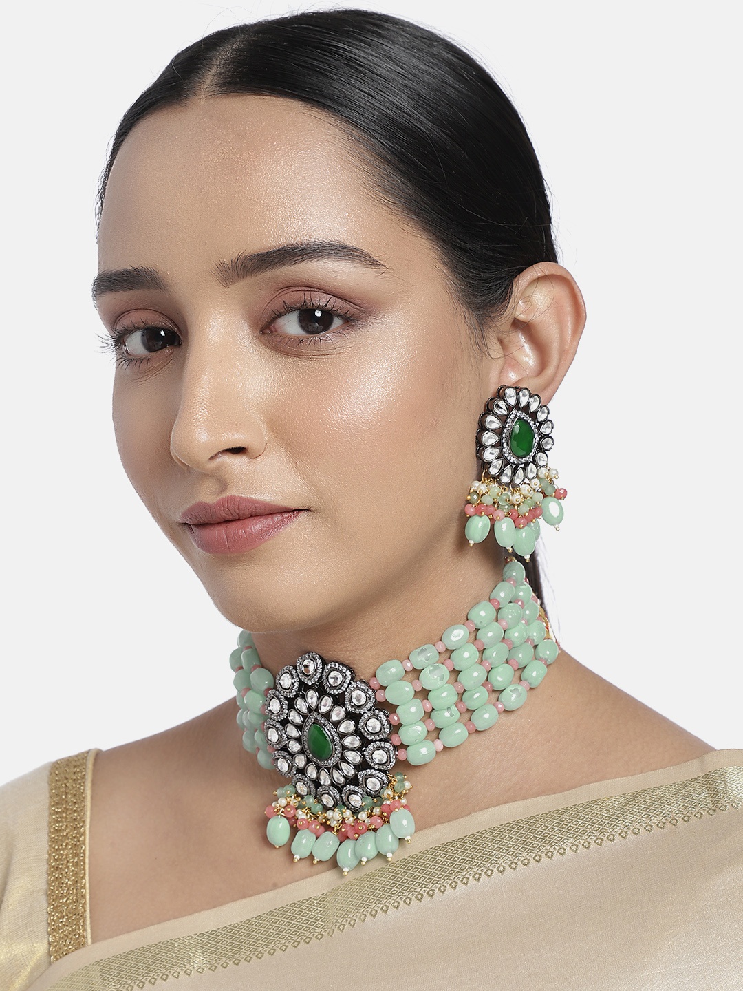 

justpeachy Women Blue Silver-Plated AD Studded Jewellery Set