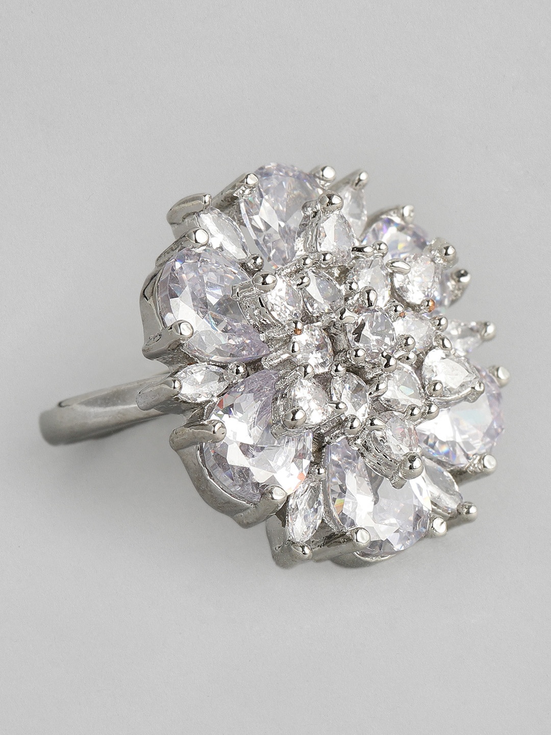 

justpeachy Silver-Toned Rhodium-Plated AD Studded Adjustable Finger Ring