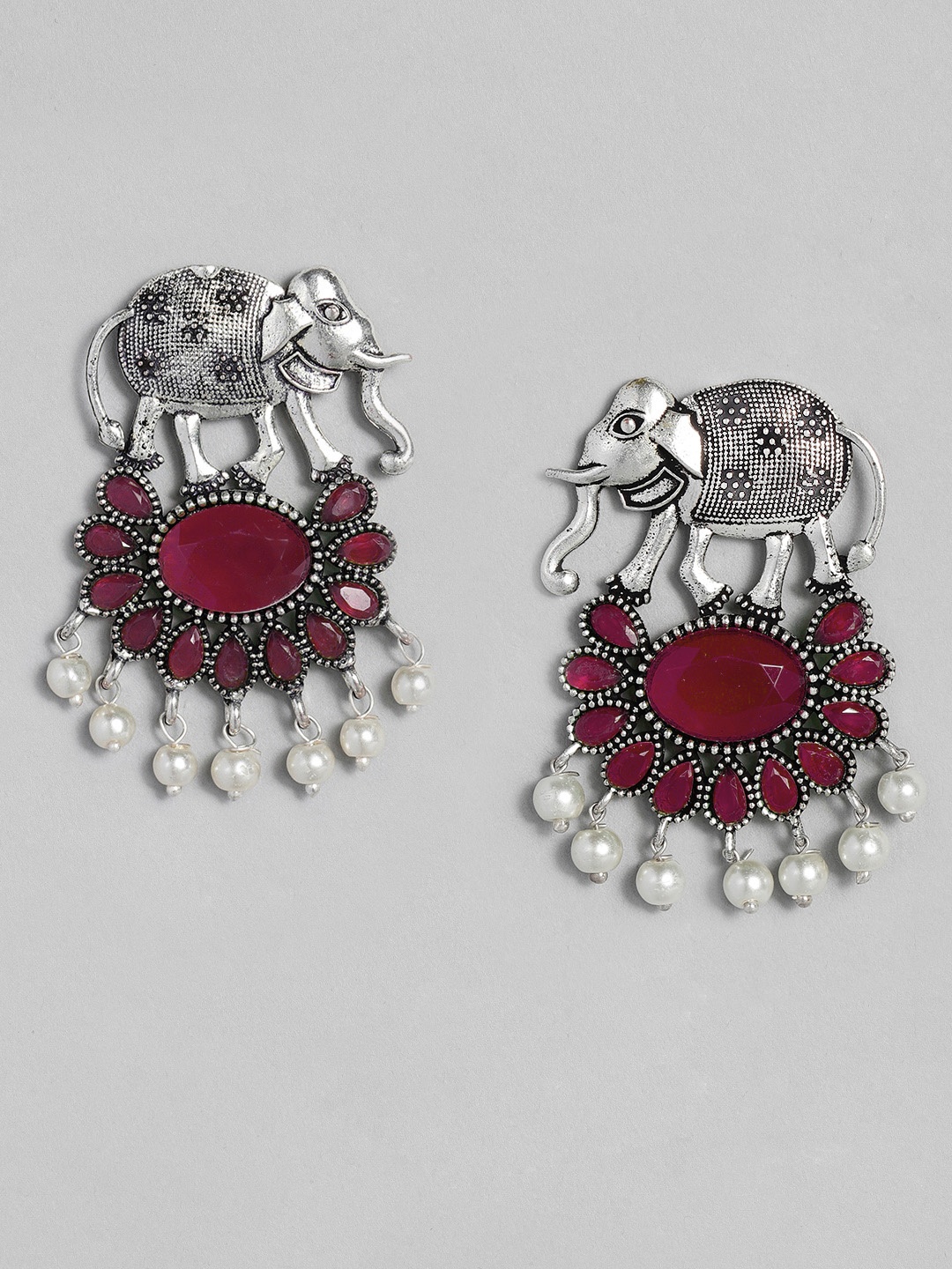 

justpeachy Maroon Silver-Plated Oxidised Oval Drop Earrings