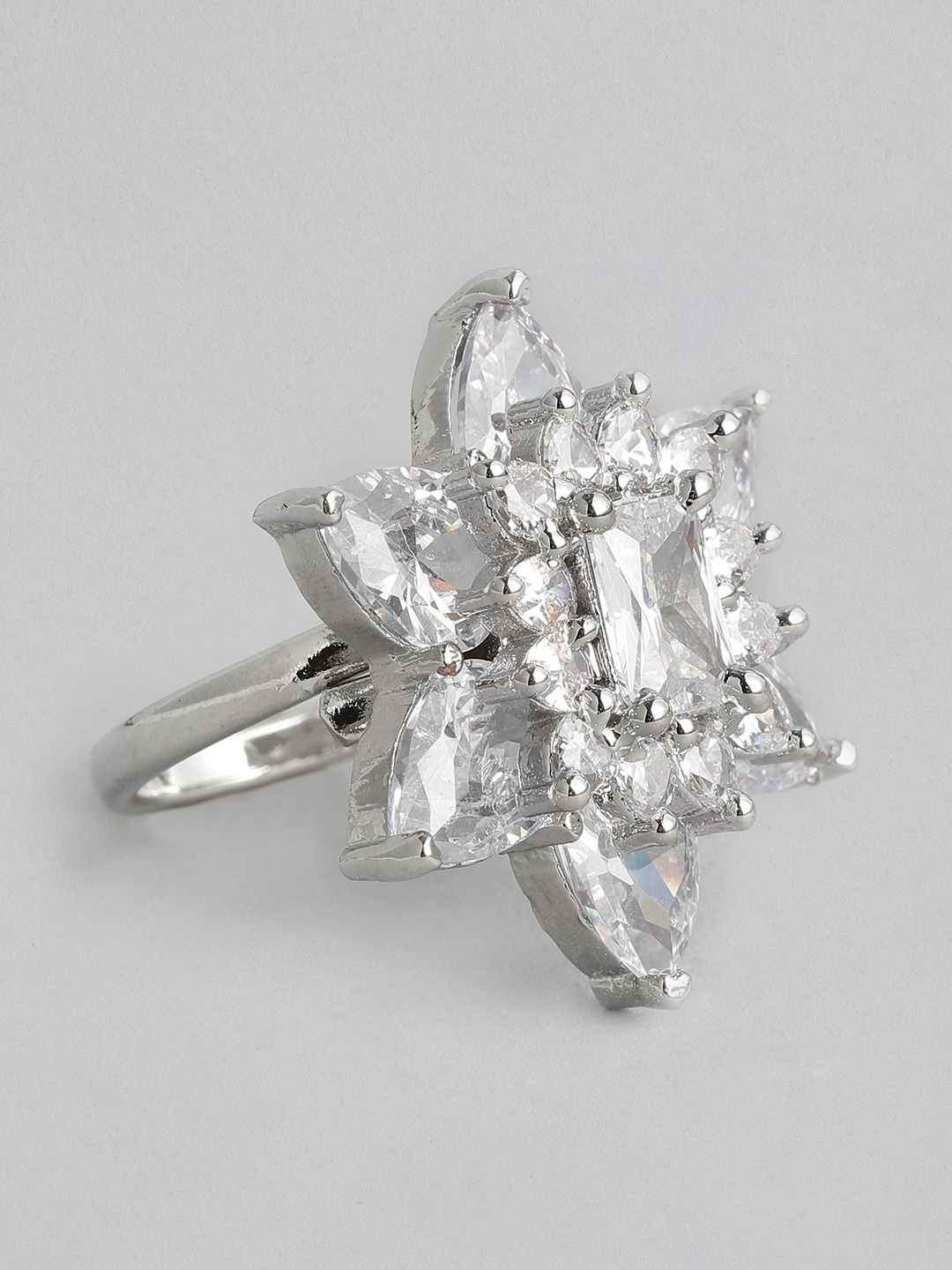 

justpeachy Silver-Toned Rhodium-Plated Embellished Finger Ring
