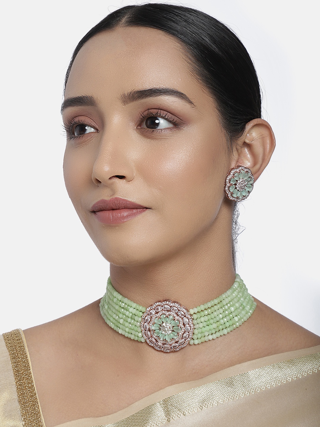

justpeachy Green Gold-Plated AD Studded Jewellery Set