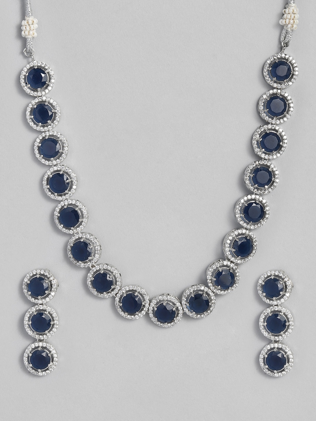 

justpeachy Blue & White Silver-Plated AD Studded Jewellery Set