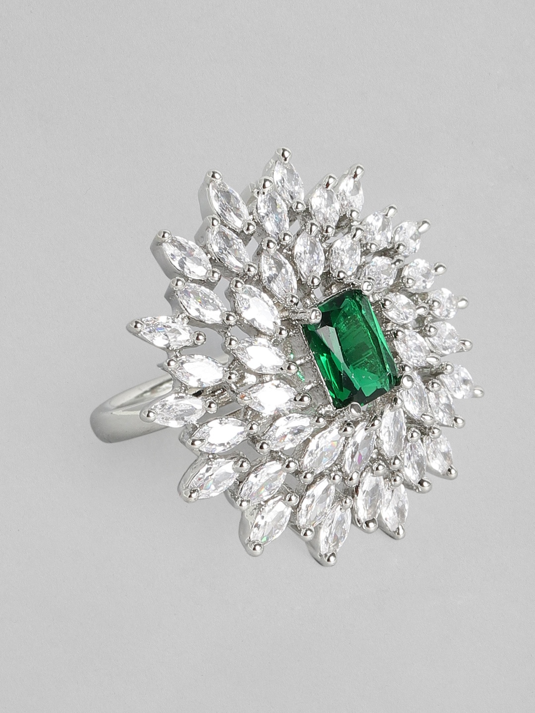 

justpeachy Green & Silver-Toned Rhodium-Plated AD Studded Floral Adjustable Finger Ring