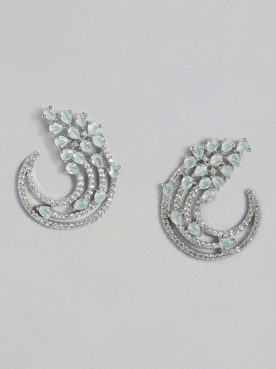 

justpeachy Mint Green Rhodium-Plated AD Studded Geometric Drop Earrings