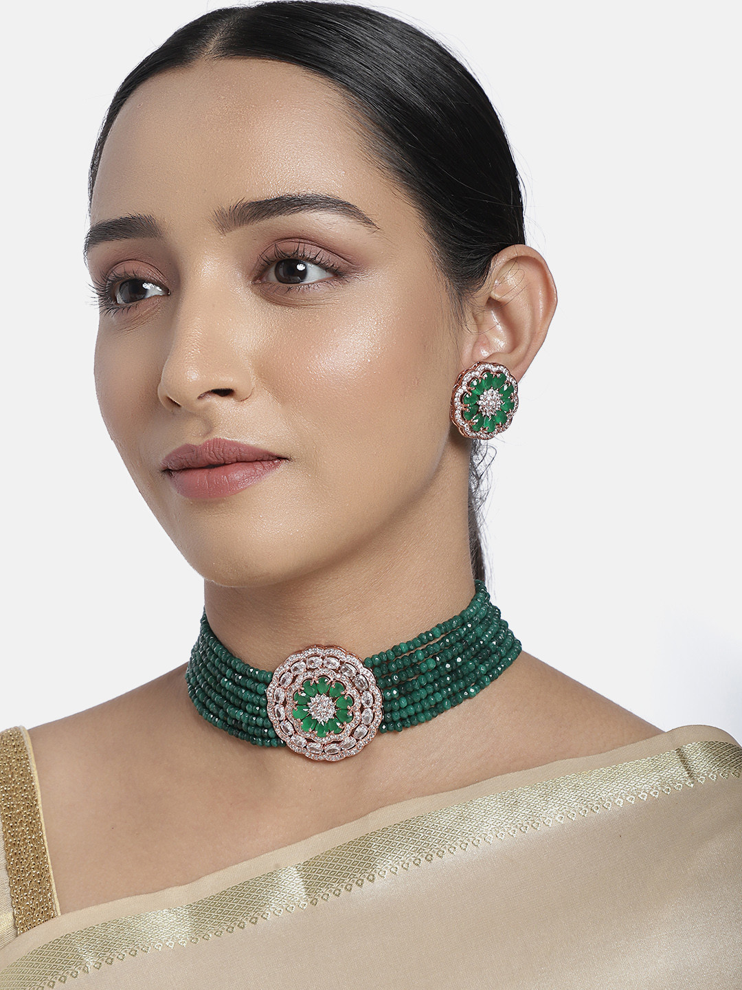 

justpeachy Women Green AD Studded Jewellery Set