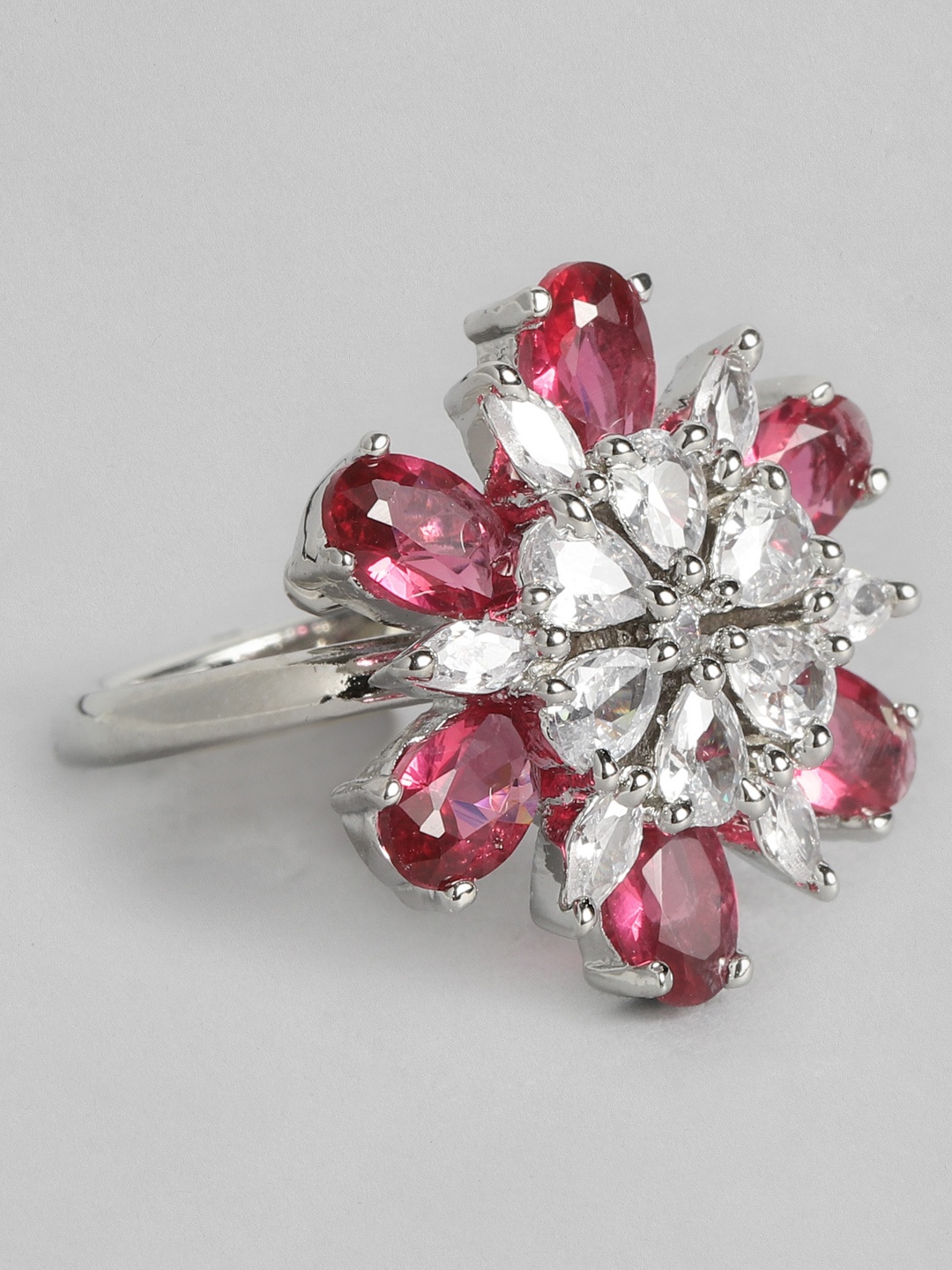 

justpeachy Red & Silver-Toned Rhodium-Plated AD Studded Adjustable Finger Ring