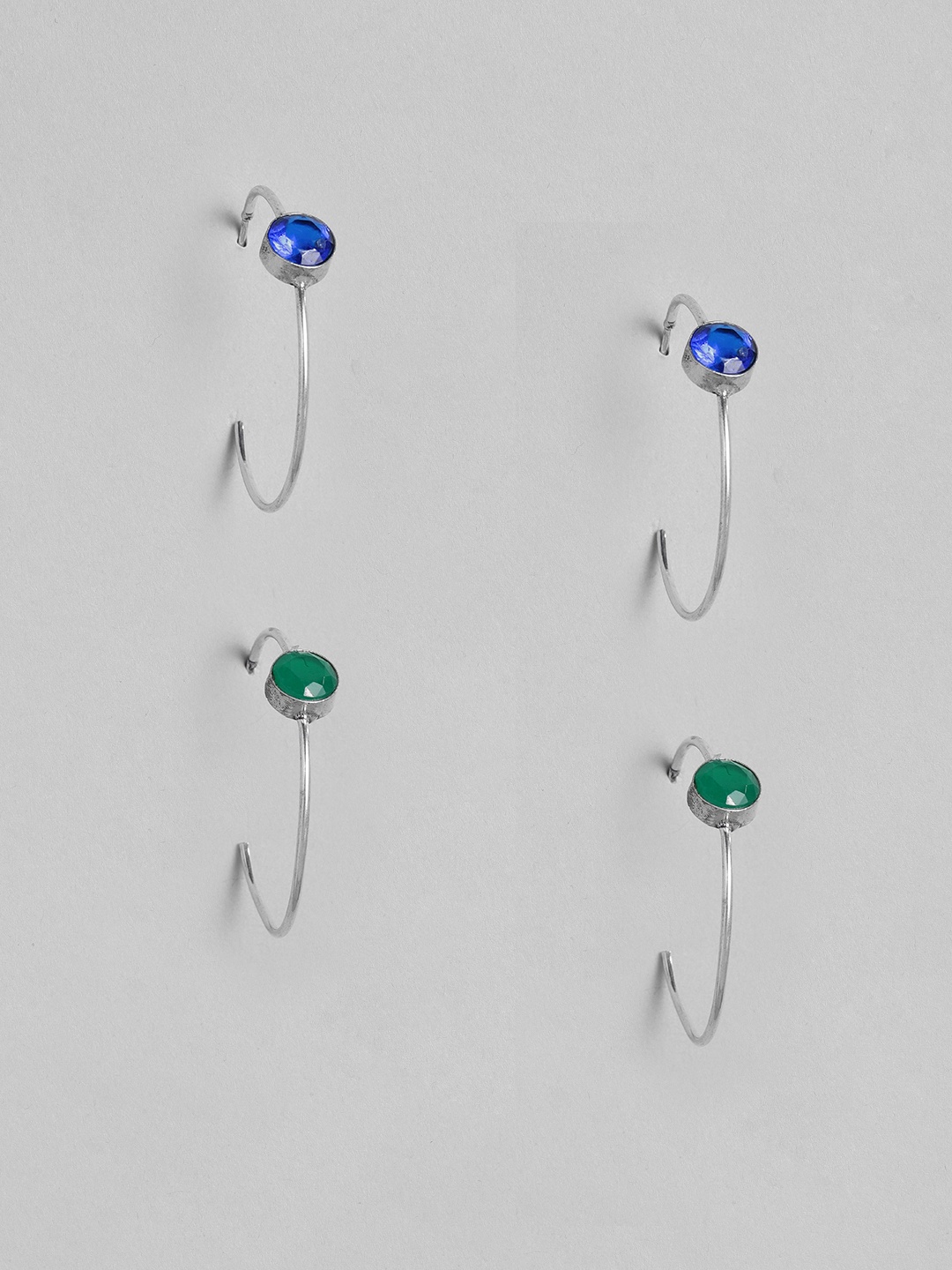 

justpeachy Set Of 2 Silver-Plated Studded Circular Half Hoop Earrings, Blue