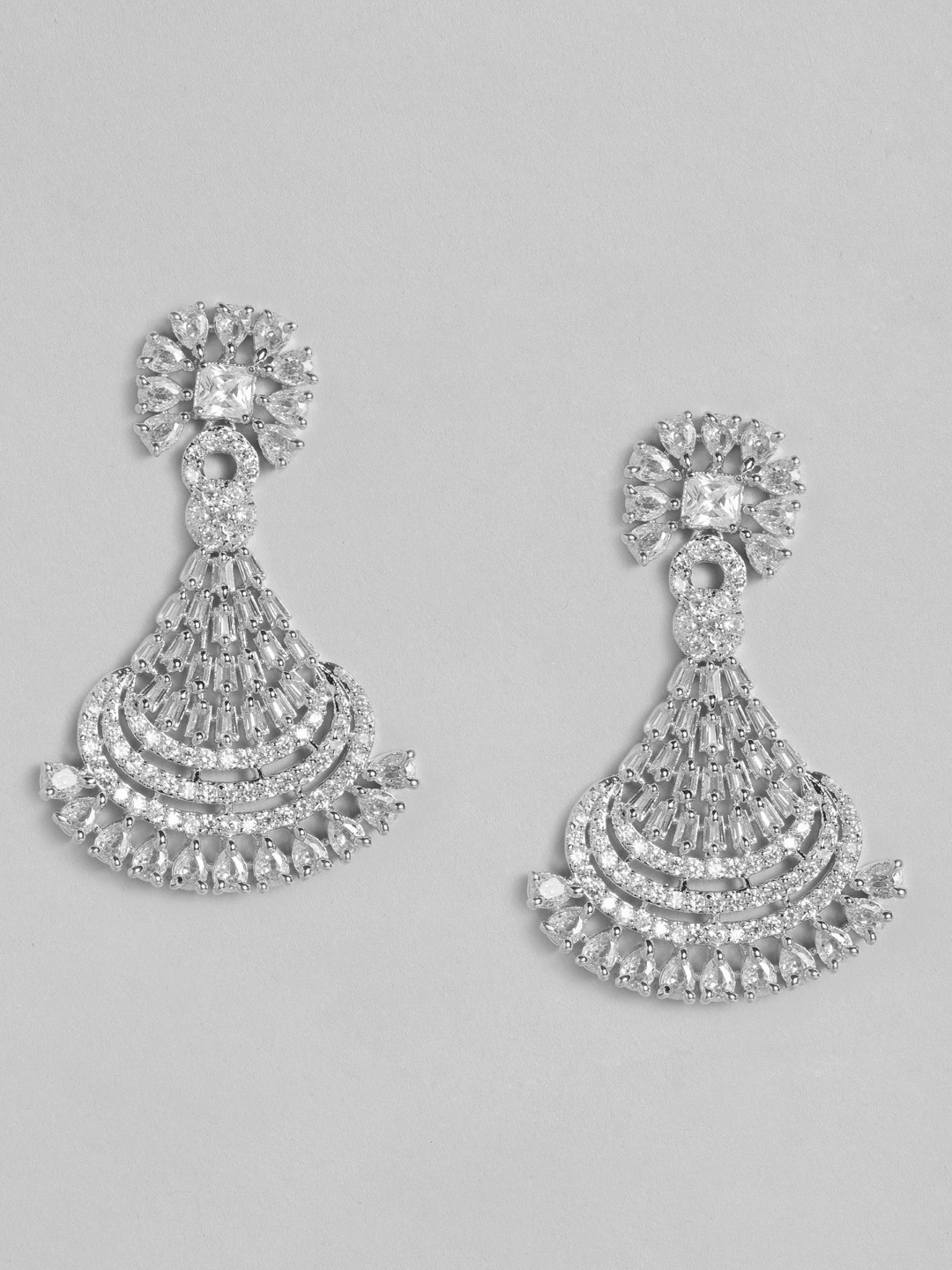 

justpeachy Silver-Toned Rhodium Plated AD Studded Geometric Drop Earrings
