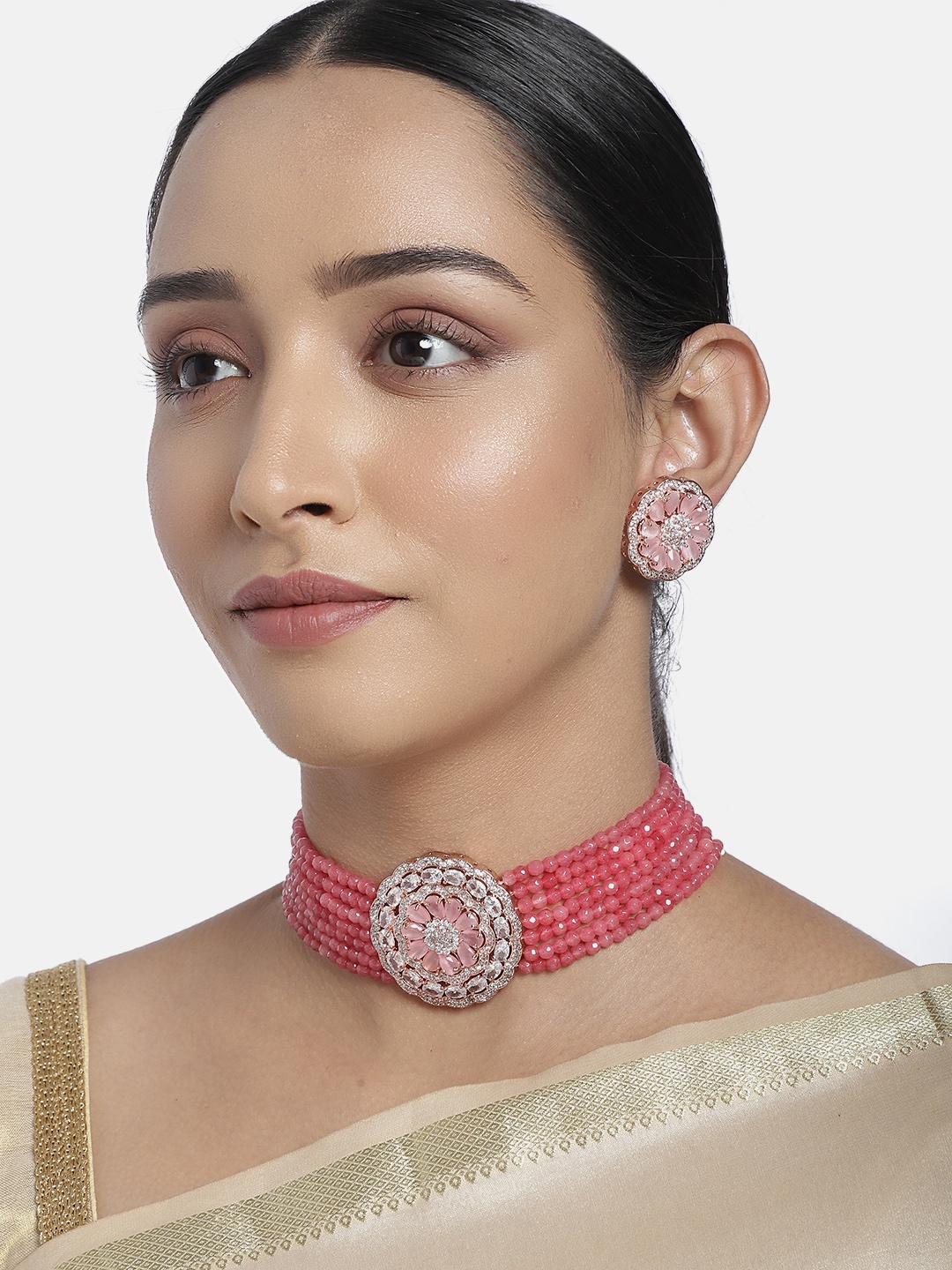 

justpeachy Women Pink Gold-Plated AD Studded Jewellery Set