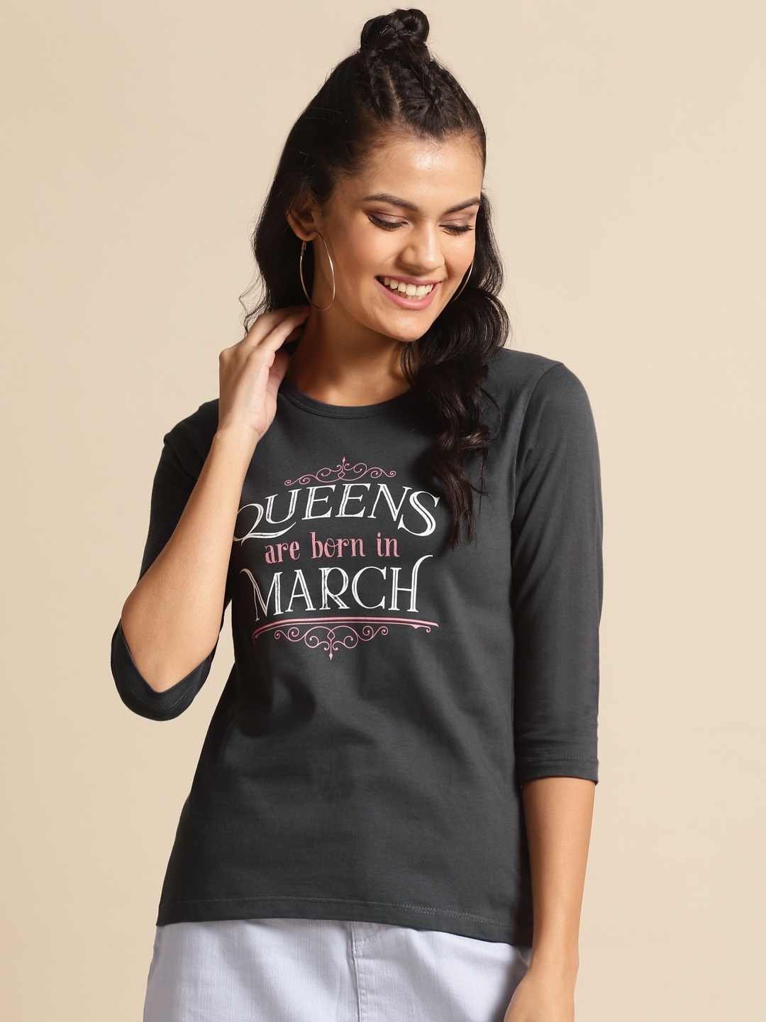 

Bewakoof Women Charcoal Grey Pure Cotton Printed Round Neck Pure Cotton T-shirt