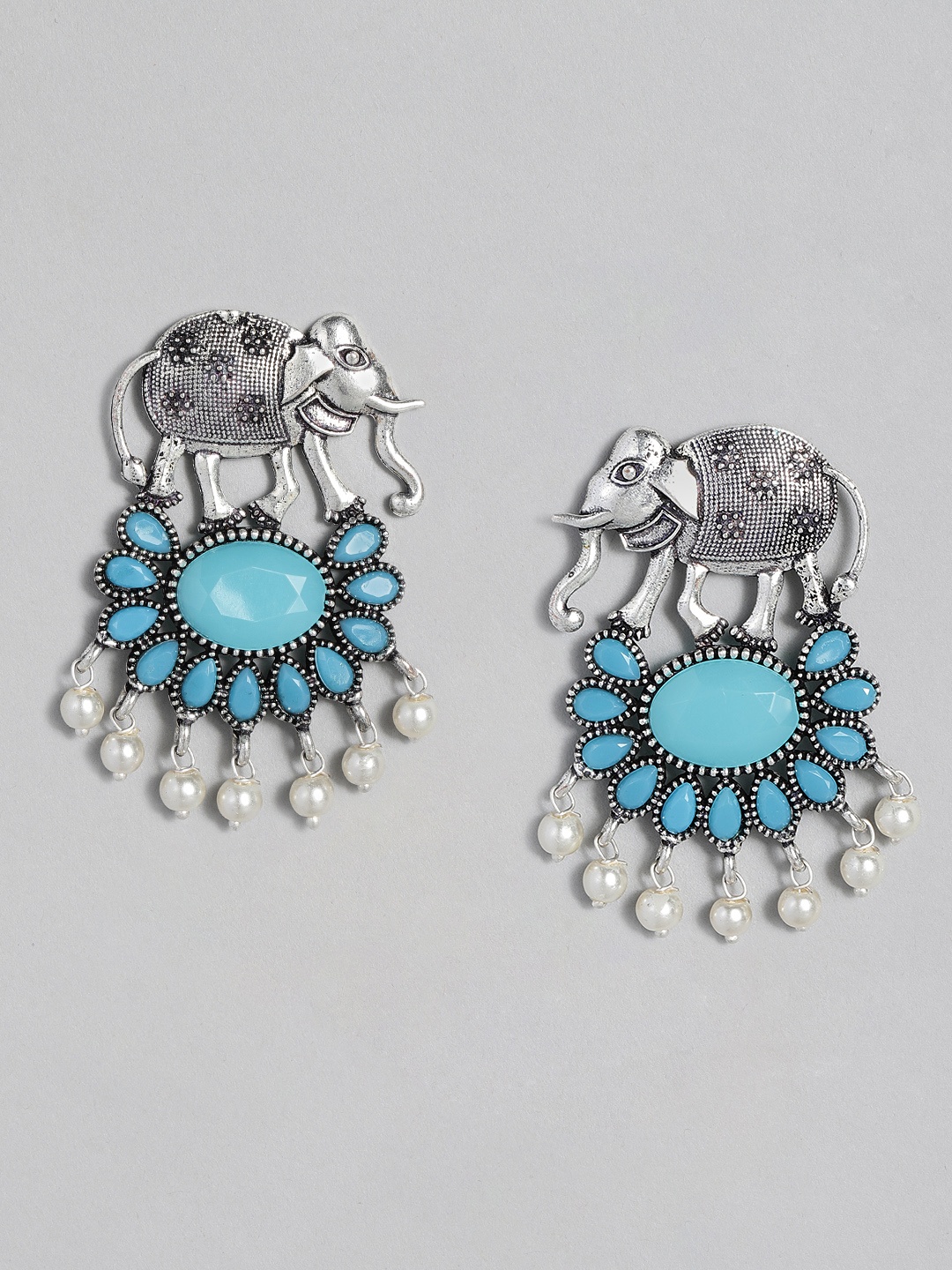

justpeachy Turquoise Blue Silver-Plated Oxidised Oval Drop Earrings