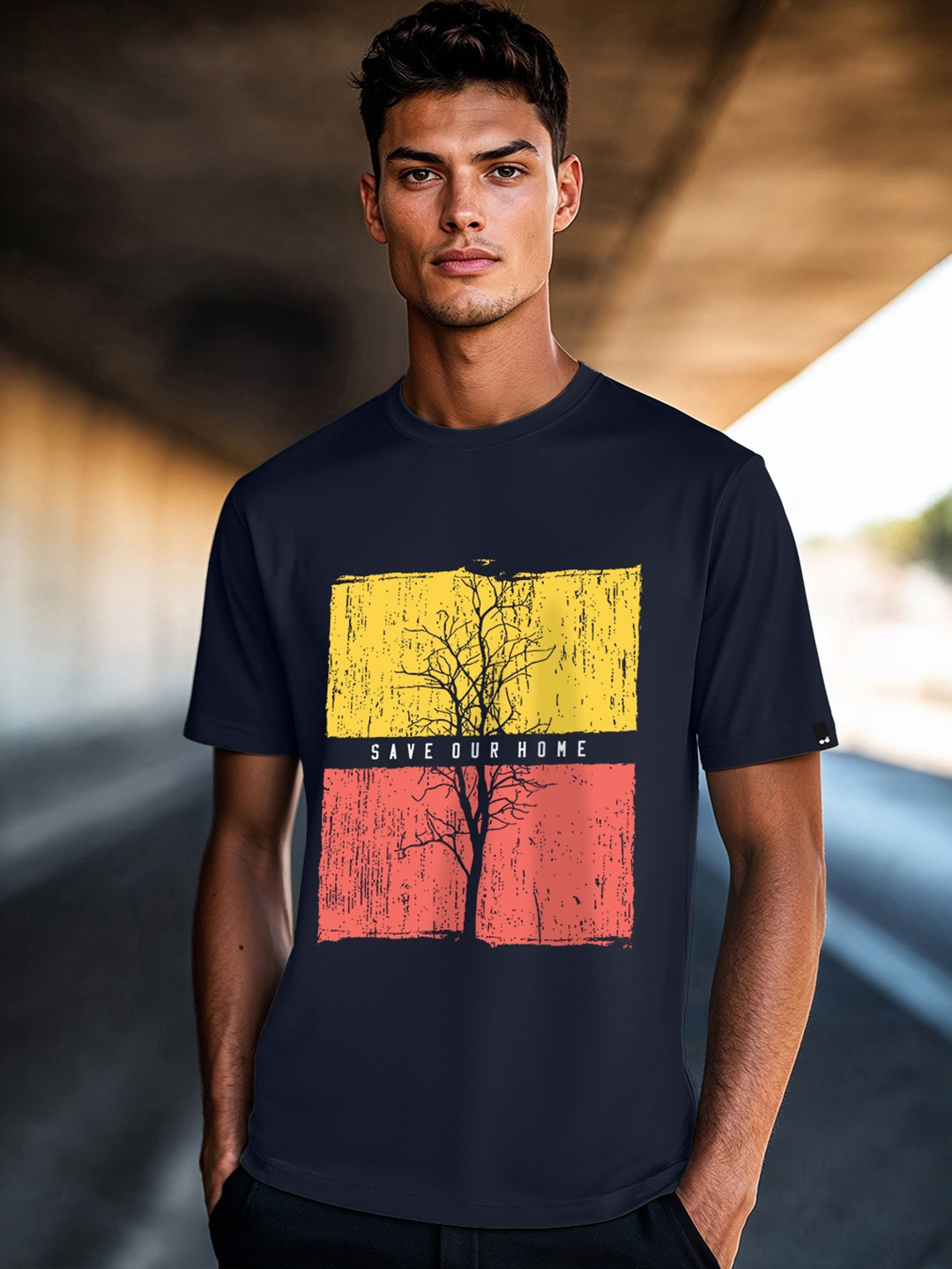 

Bewakoof Men Navy Blue Yellow Printed Round Neck Pure Cotton T-shirt