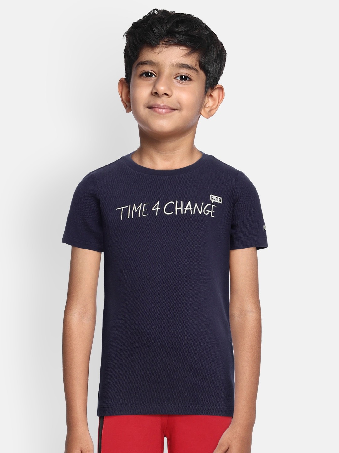 

Puma Boys Navy Blue Printed T4C Pique Round Neck Pure Cotton T-shirt