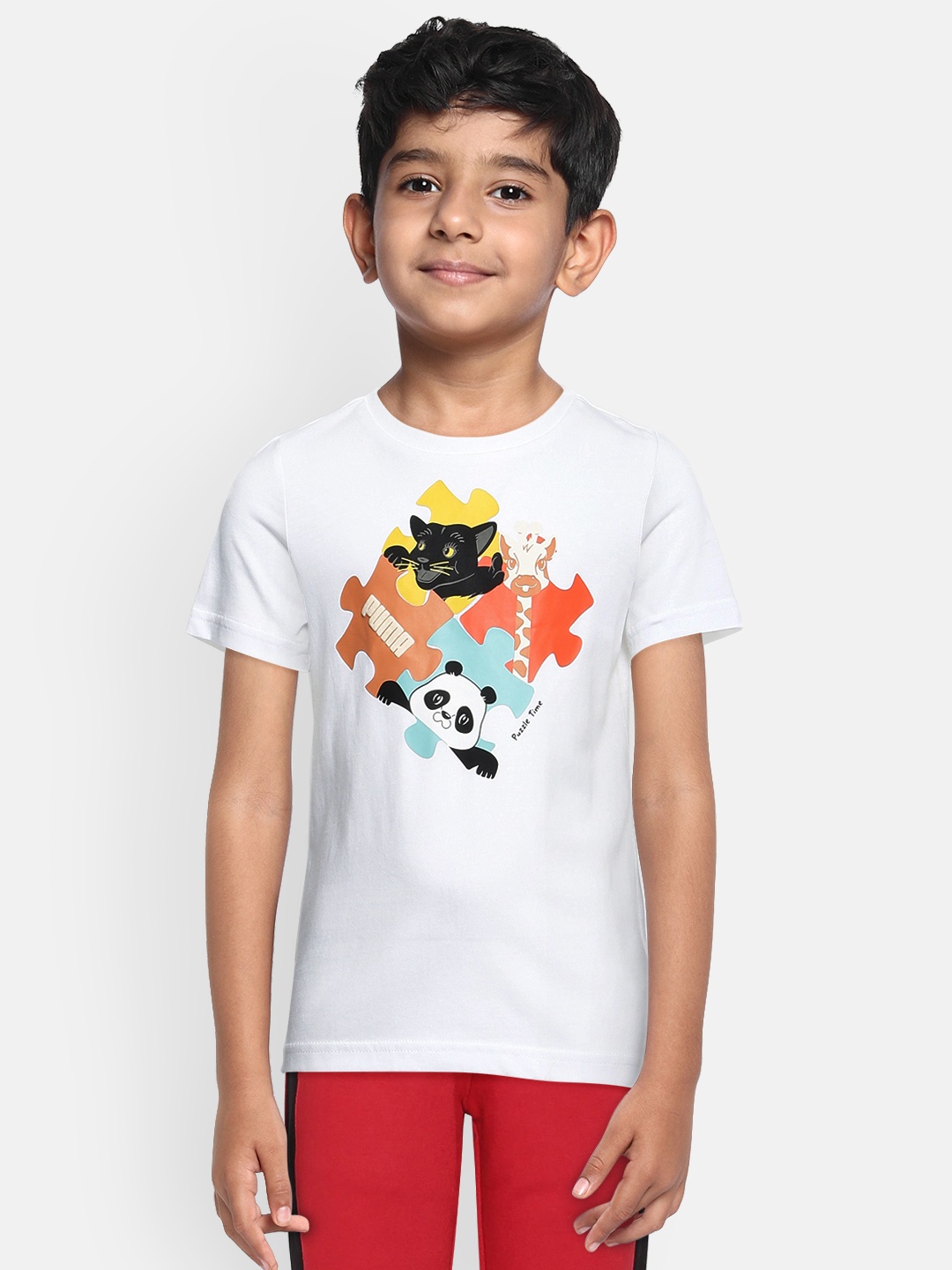 

Puma Boys White Printed Round Neck Pure Cotton T-shirt