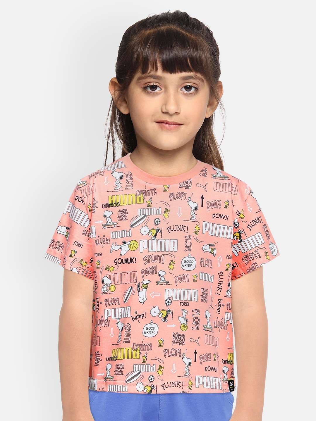 

Puma Girls Peach-Coloured Printed X PEANUTS AOP Round Neck T-shirt