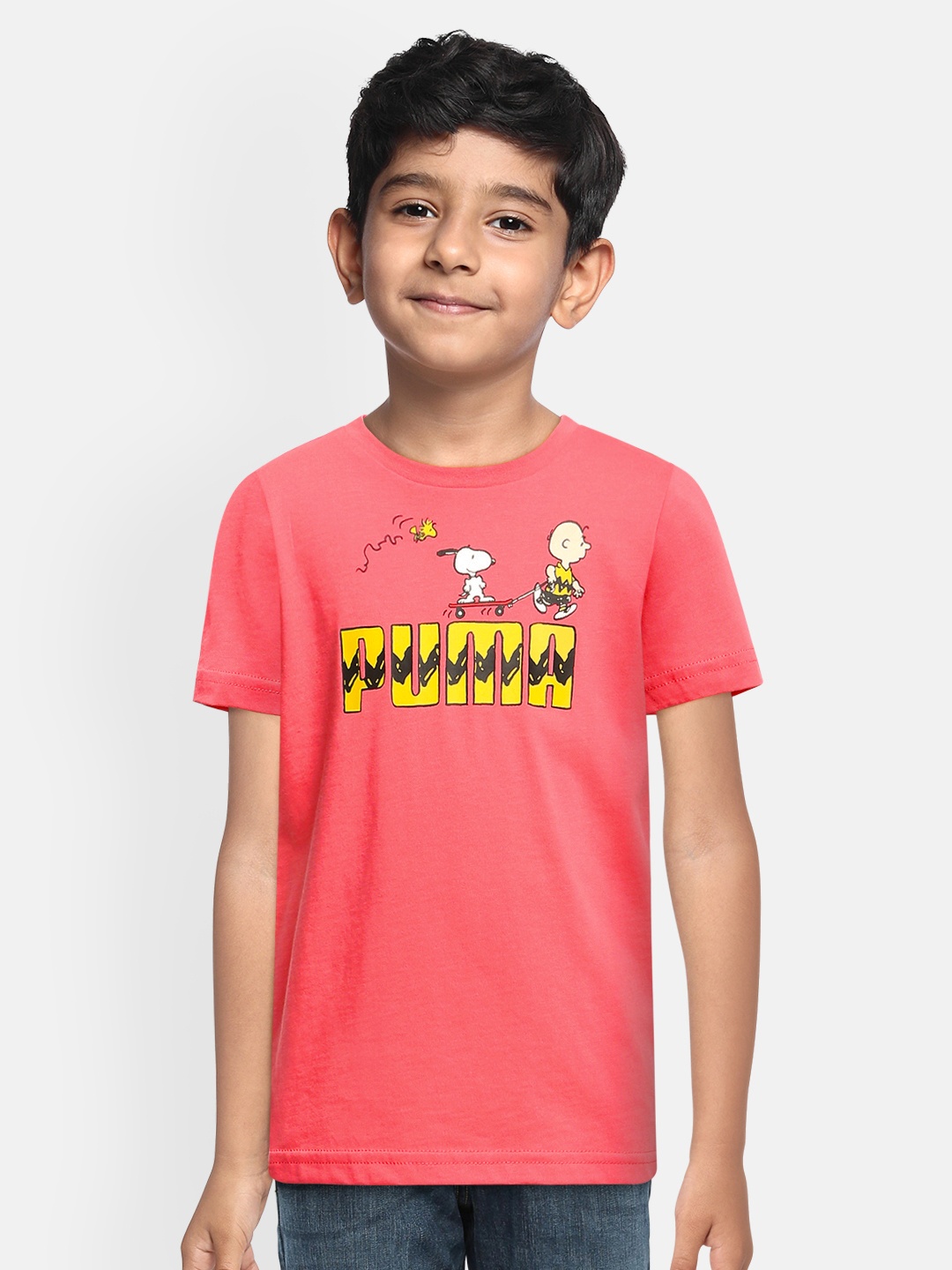 

Puma Boys Pink Printed PEANUTS Pure Cotton Round Neck T-shirt