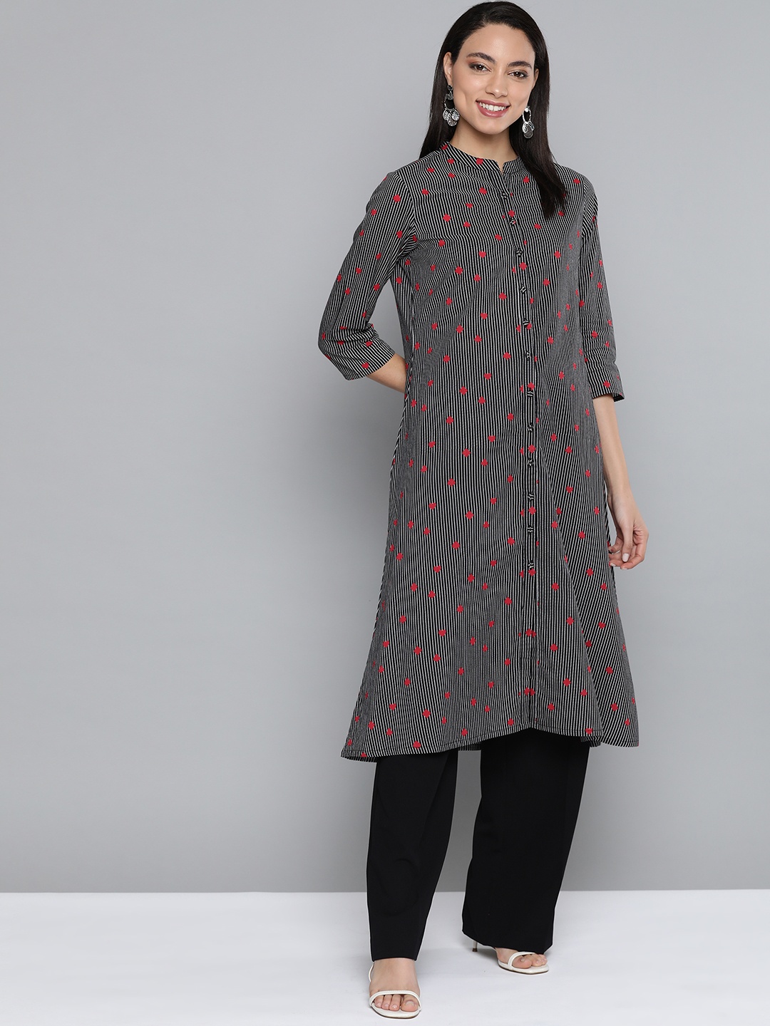 

HERE&NOW Women Black & White Pure Cotton Striped A-Line Kurta