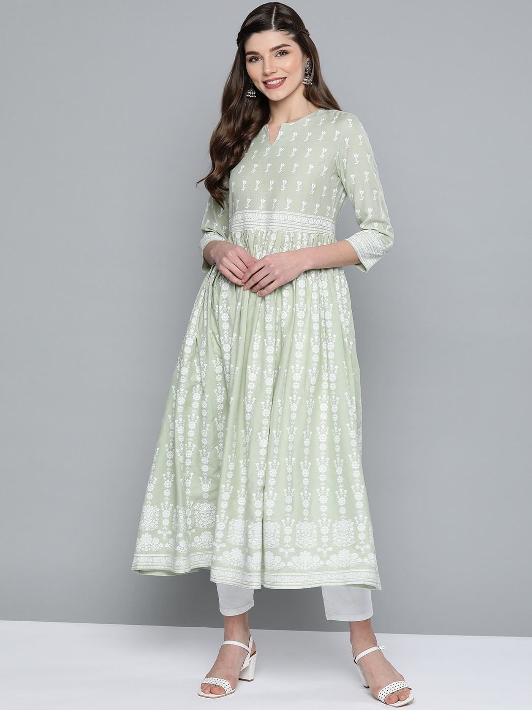 

HERE&NOW Women Sea Green & White Ethnic Motifs Printed Anarkali Kurta