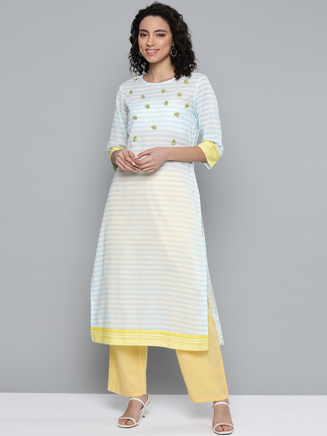

HERE&NOW Blue & White Pure Cotton Striped Thread Work Straight Kurta