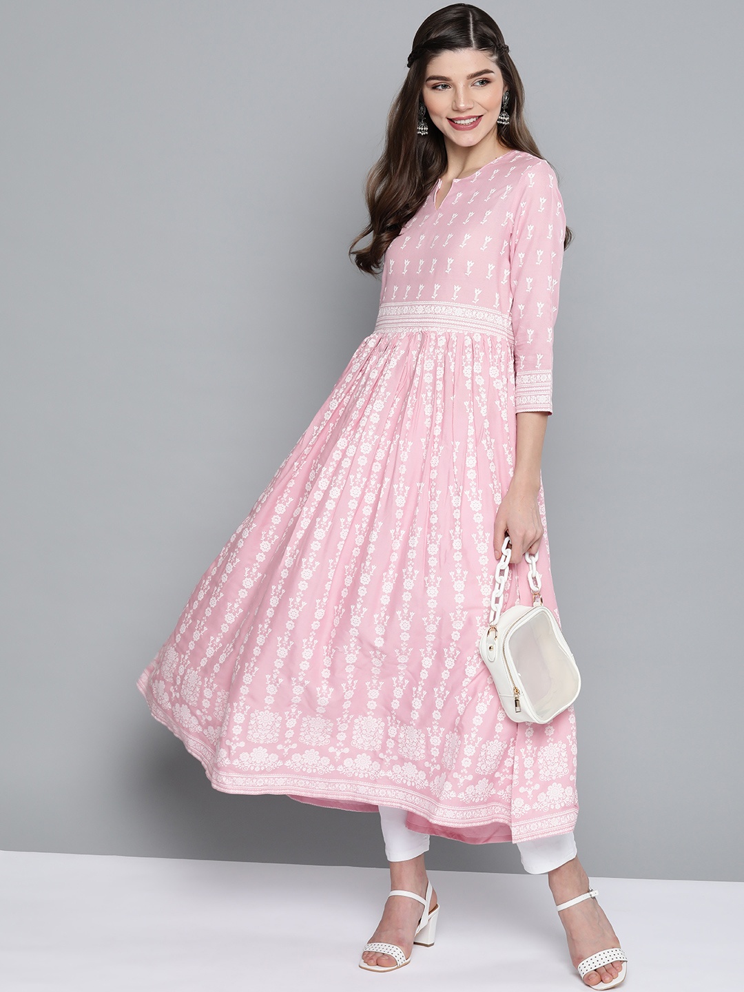 

HERE&NOW Women Pink & White Ethnic Motifs Printed Anarkali Kurta