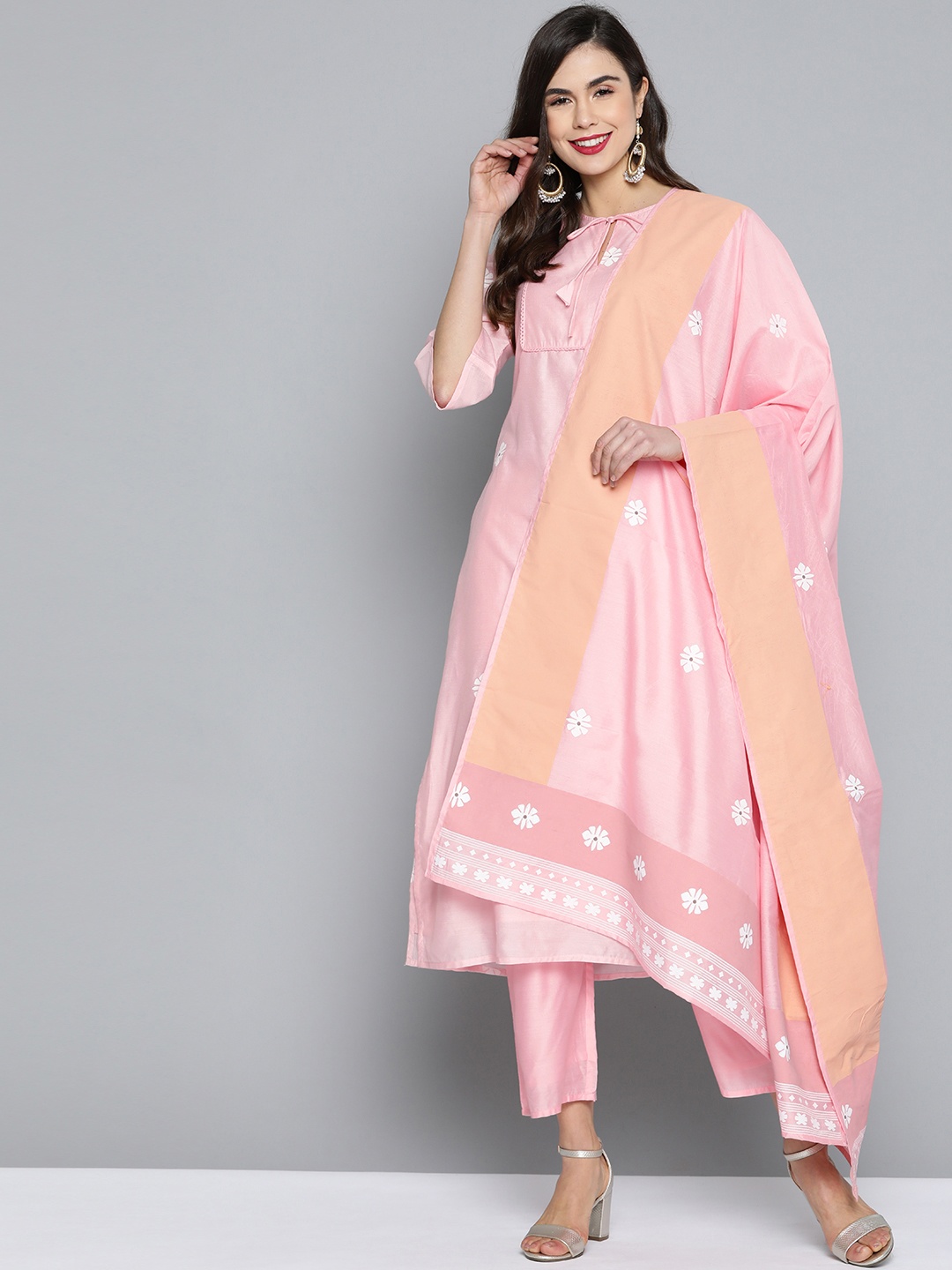 

HERE&NOW Women Pink & White Printed Kurta with Palazzos & Dupatta