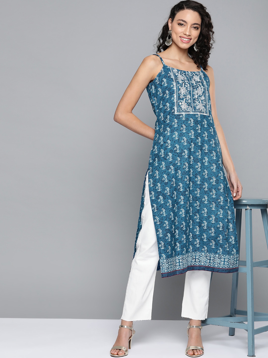 

HERE&NOW Women Teal Blue & White Pure Cotton Ethnic Motif Printed Straight Kurta