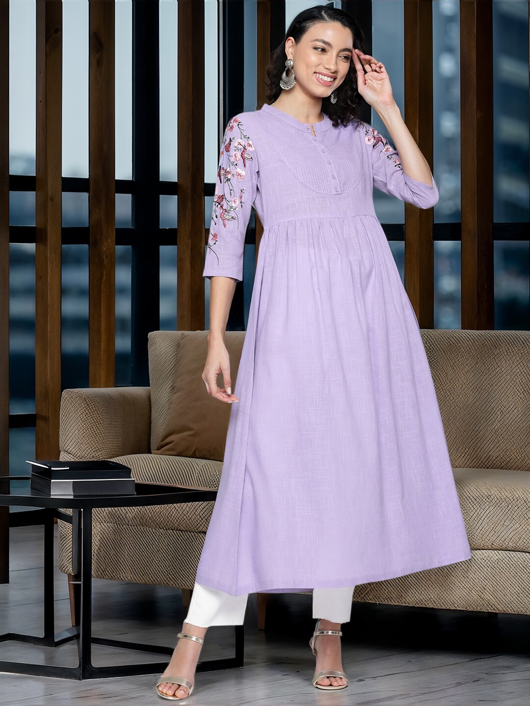 

HERE&NOW Women Lavender Pure Cotton Solid A-Line Kurta