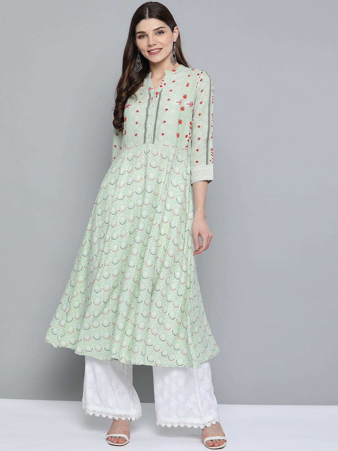 

HERE&NOW Women Green & Orange Ethnic Motifs Printed A-Line Kurta