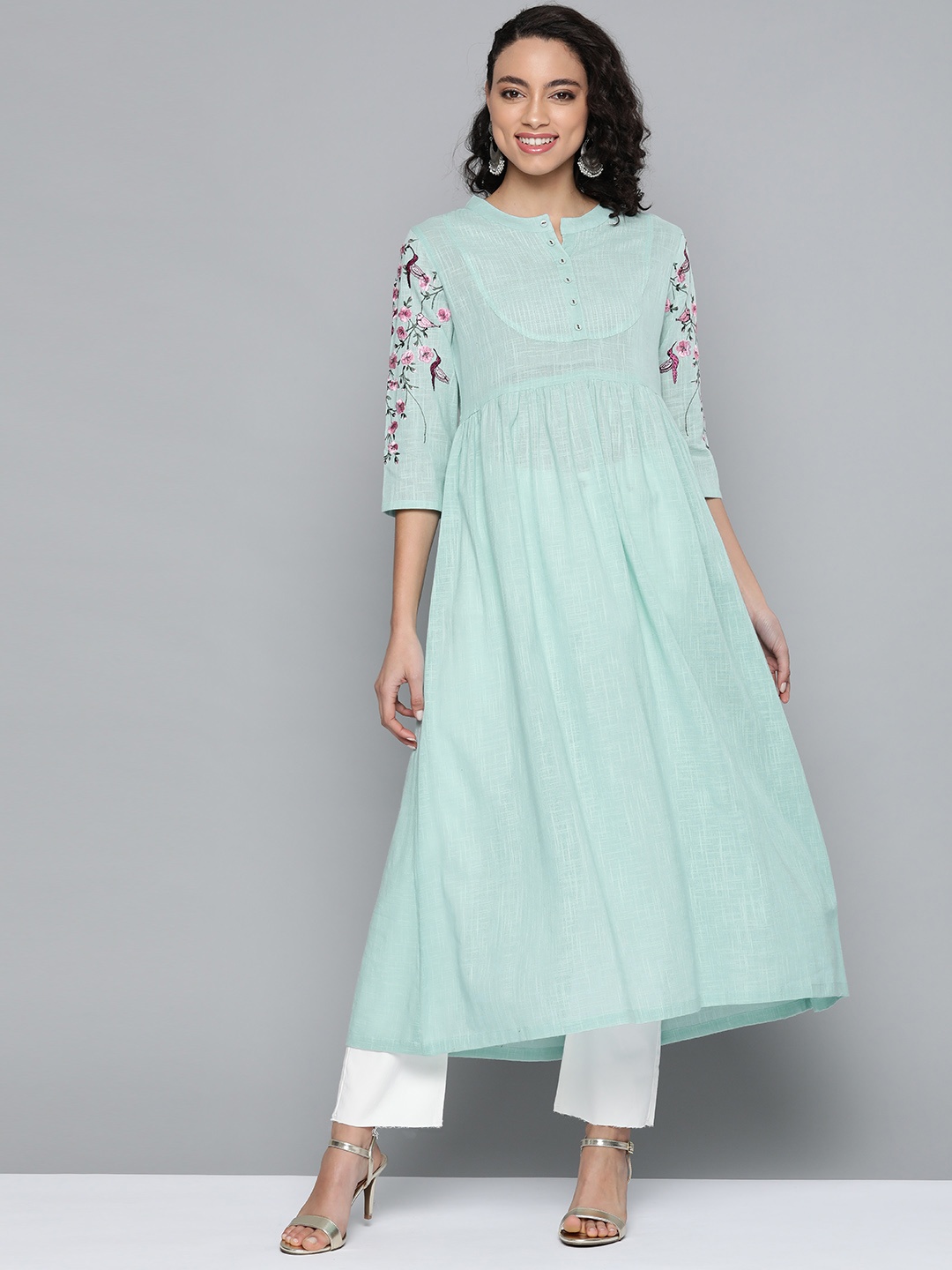 

HERE&NOW Women Green Pure Cotton Solid A-Line Kurta