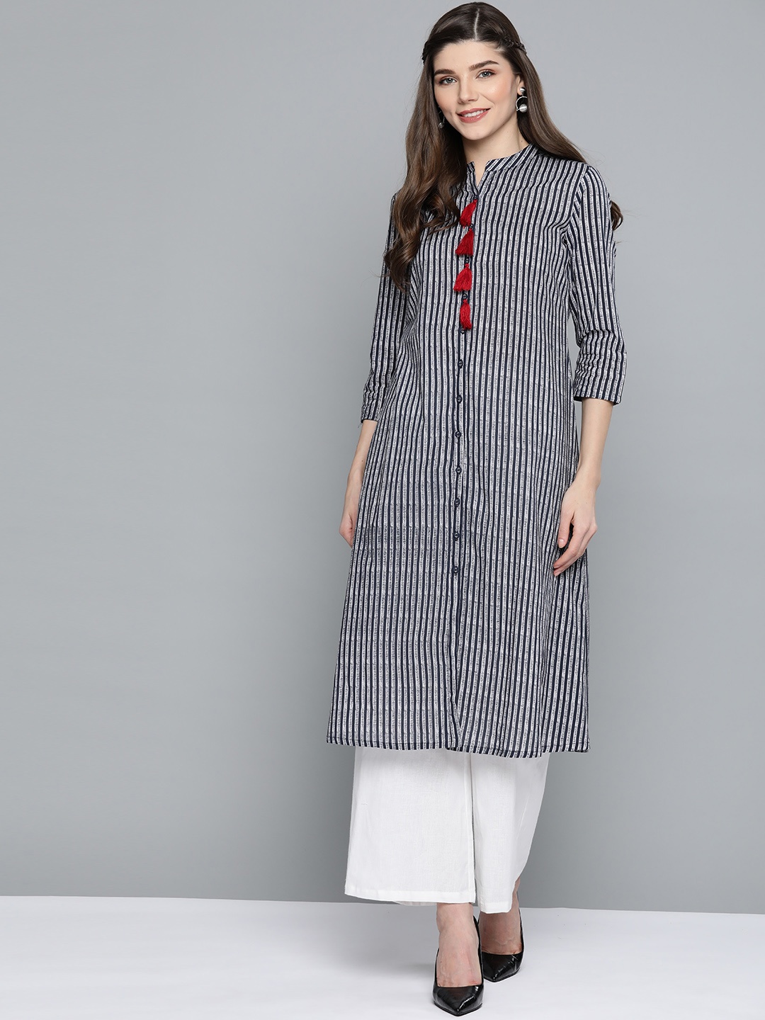 

HERE&NOW Women Navy Blue & White Pure Cotton Striped A-Line Kurta