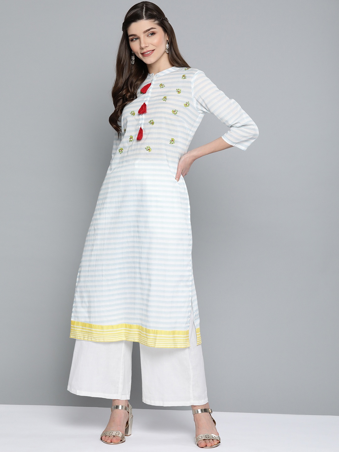 

HERE&NOW Women White & Blue Striped Pure Cotton Thread Work Straight Kurta