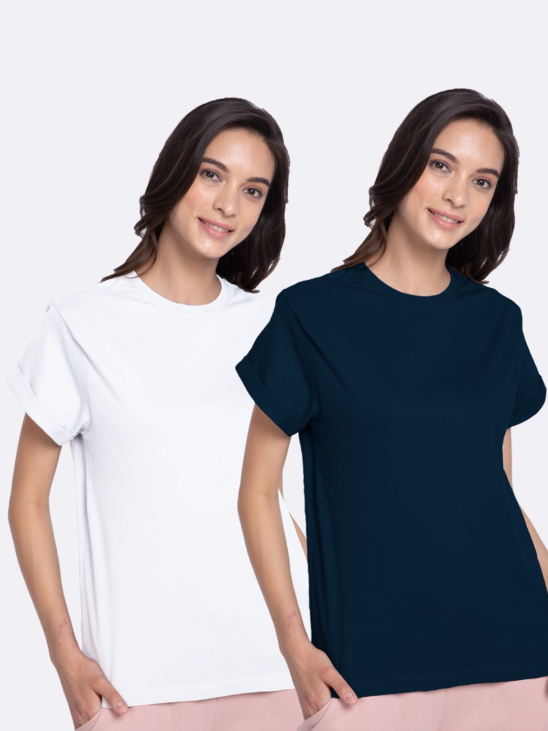 

Bewakoof Women Blue & White Solid Round Neck Oversized T-shirt