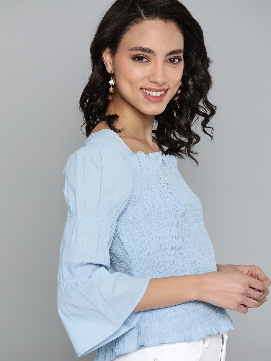 

HERE&NOW Women Blue Smocking Solid Fitted Top