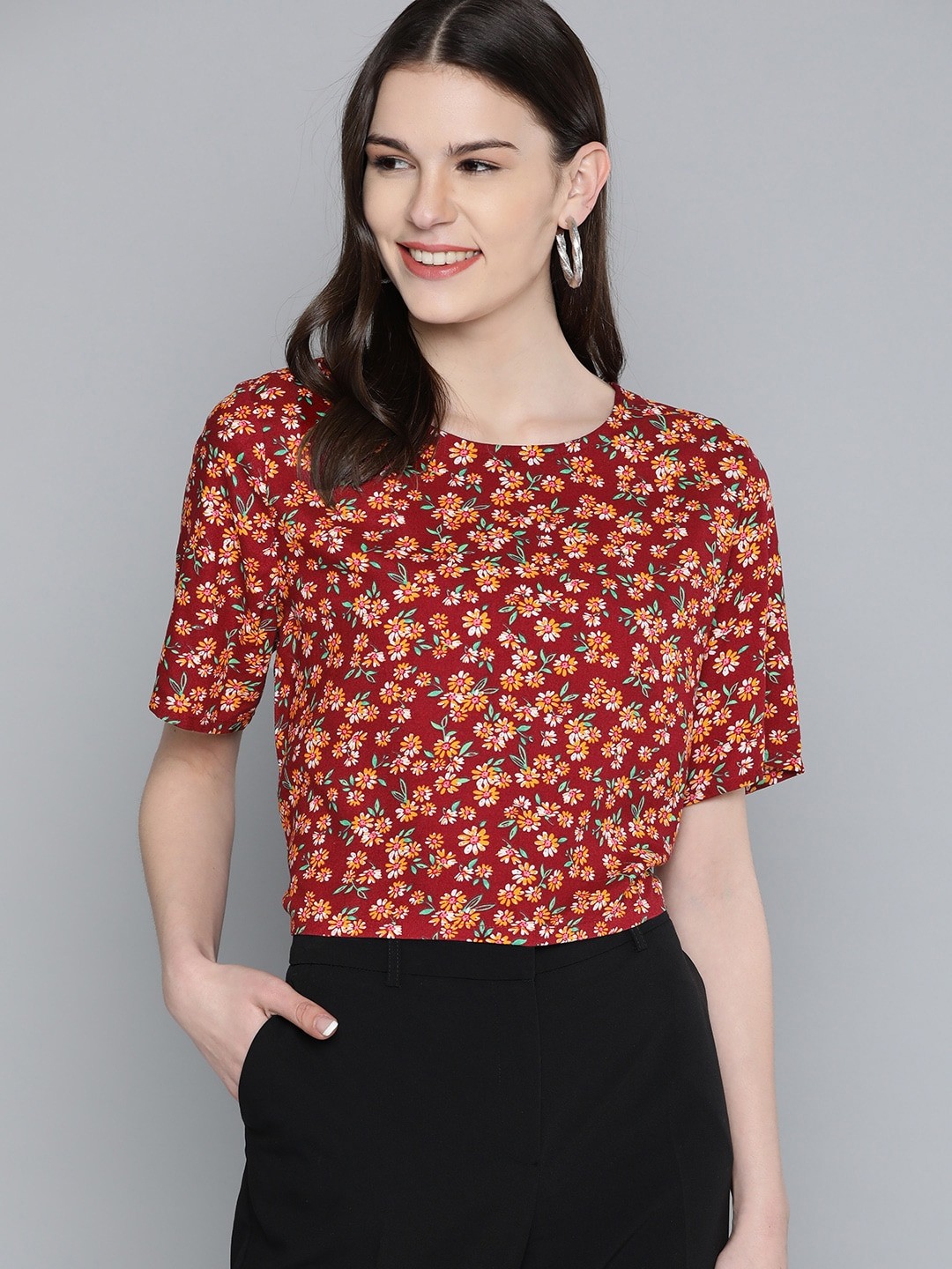 

HERE&NOW Women Maroon & Yellow Floral Print Top