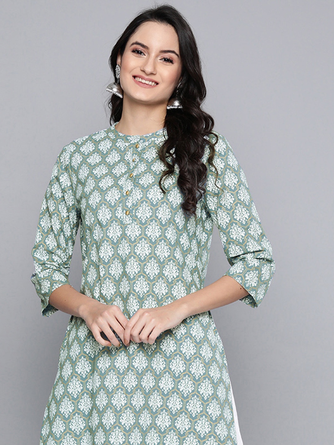 

HERE&NOW Women Blue & White Pure Cotton Printed Straight Kurta