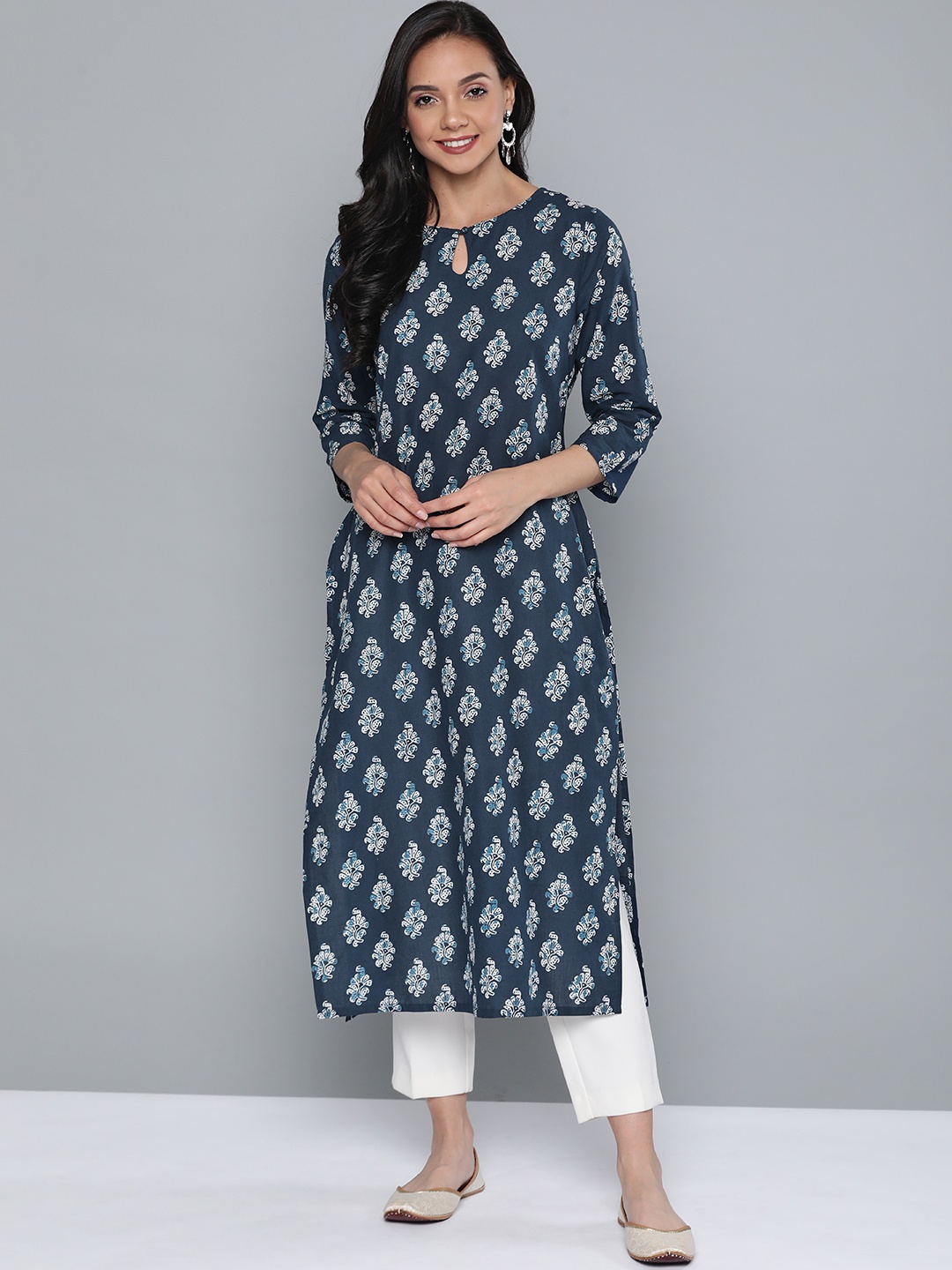 

HERE&NOW Women Navy Blue & White Printed Pure Cotton Straight Kurta