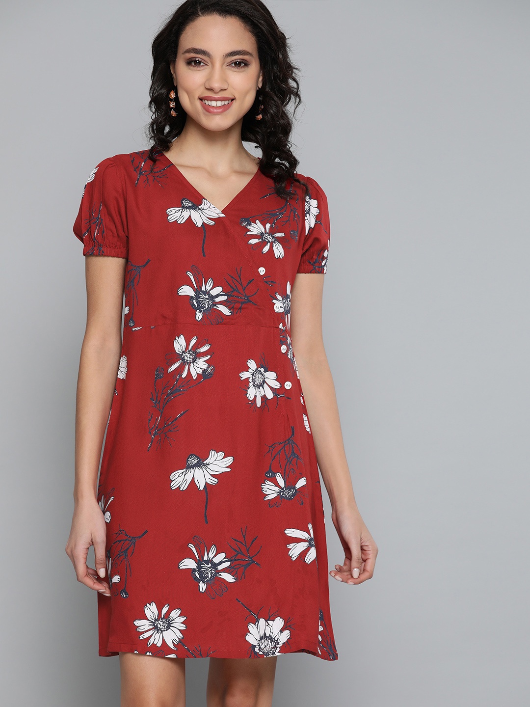 

HERE&NOW Women Maroon & White Floral Print Wrap Dress