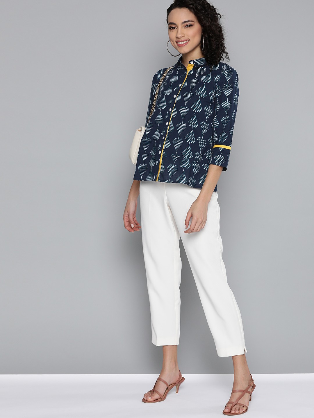 

HERE&NOW Women Navy Blue & White Pure Cotton Heart Shaped Printed Casual Shirt
