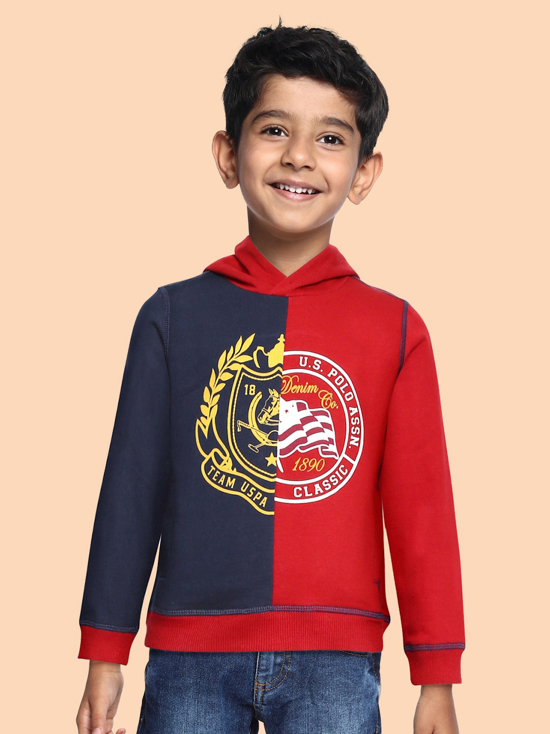 

U.S. Polo Assn. Kids Boys Red & Navy Blue Printed Hooded Sweatshirt