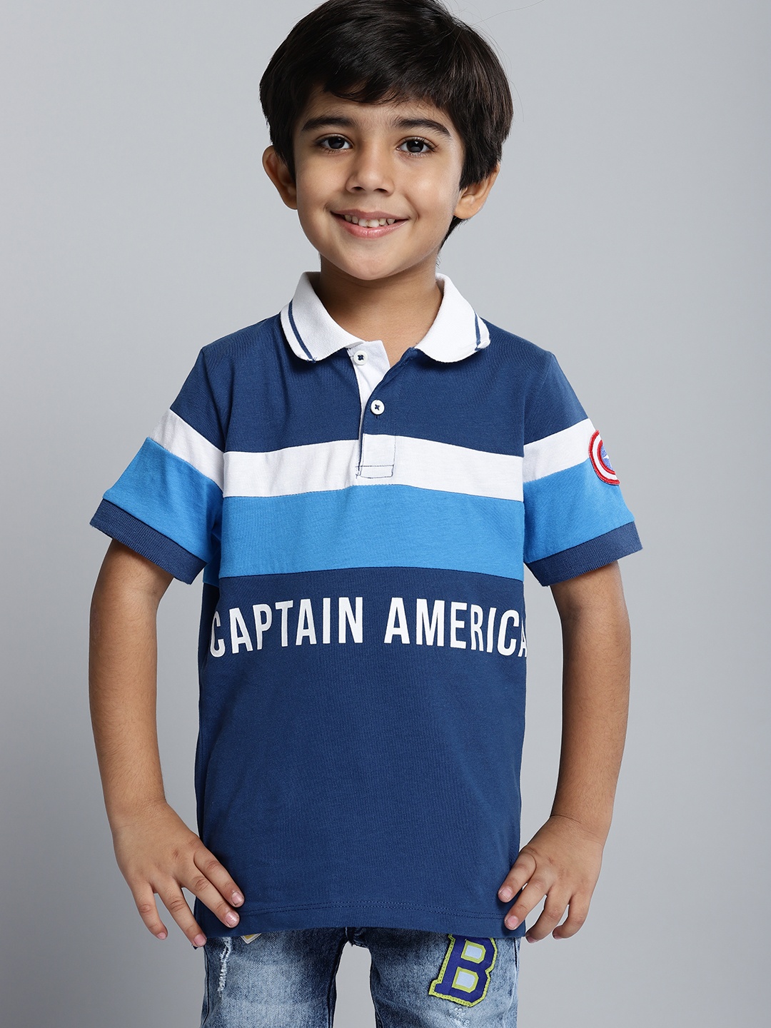 

YK Marvel Boys Navy & White Cotton Striped & Captain America Print Polo Collar T-shirt, Navy blue