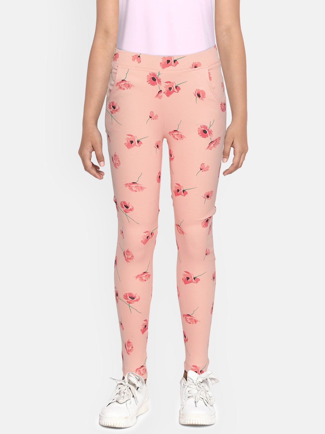 

YK Girls Pink & Green Floral Print Ankle-Length Pure Cotton Leggings