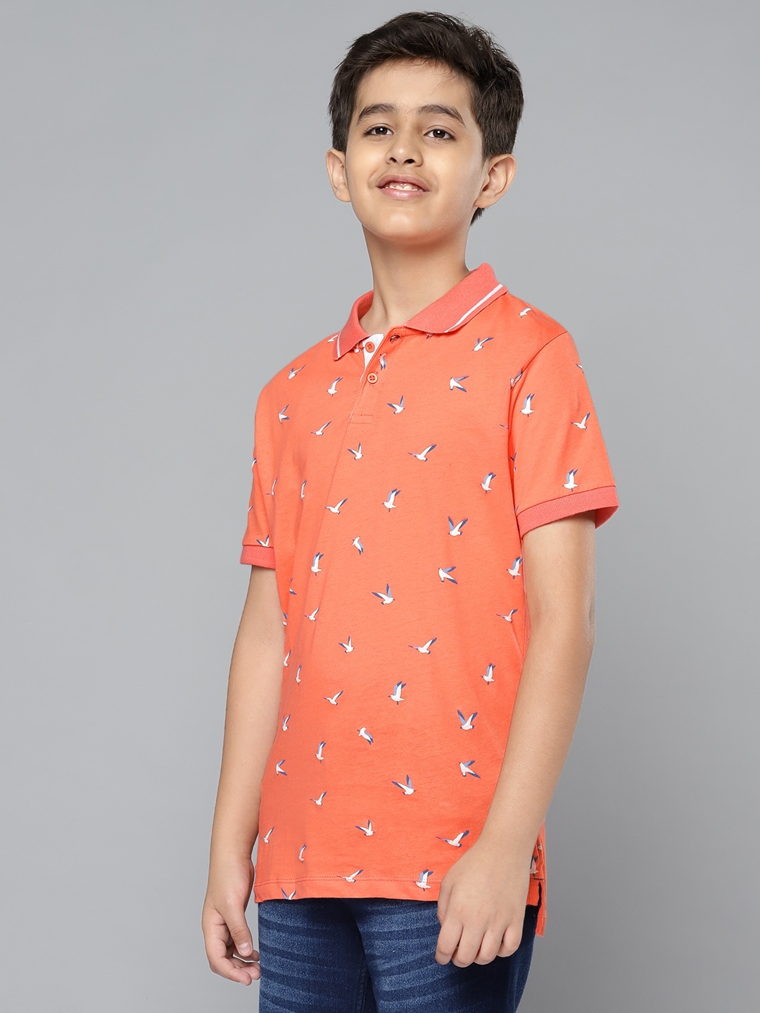 

YK Boys Coral Orange & White Pure Cotton Nautical Birds Print Polo Collar T-shirt