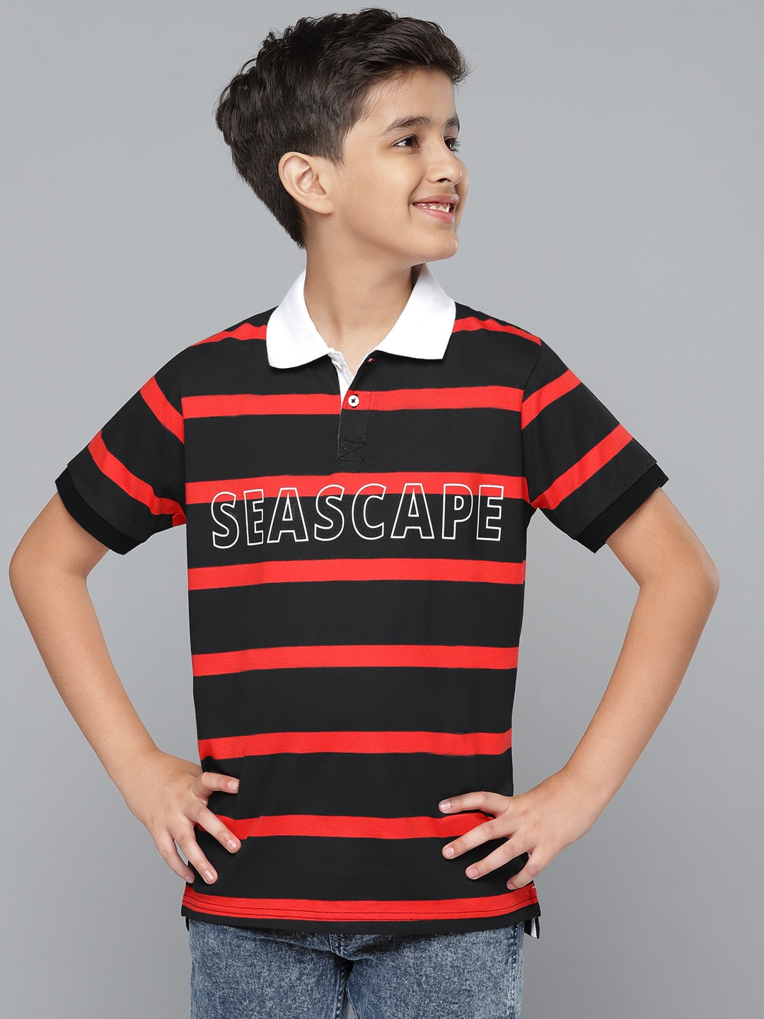 

YK Boys Black & Red Pure Cotton Striped Polo Collar T-shirt