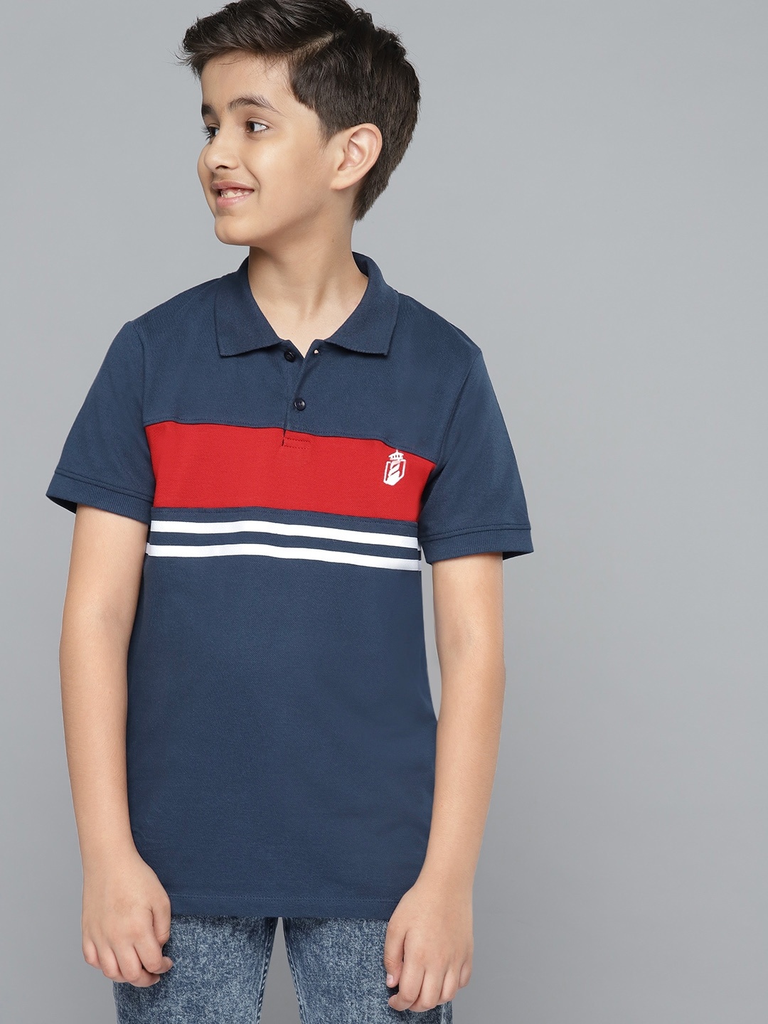 

YK Boys Navy Blue Red Colourblocked Pure Cotton Polo Collar Pure Cotton T-shirt