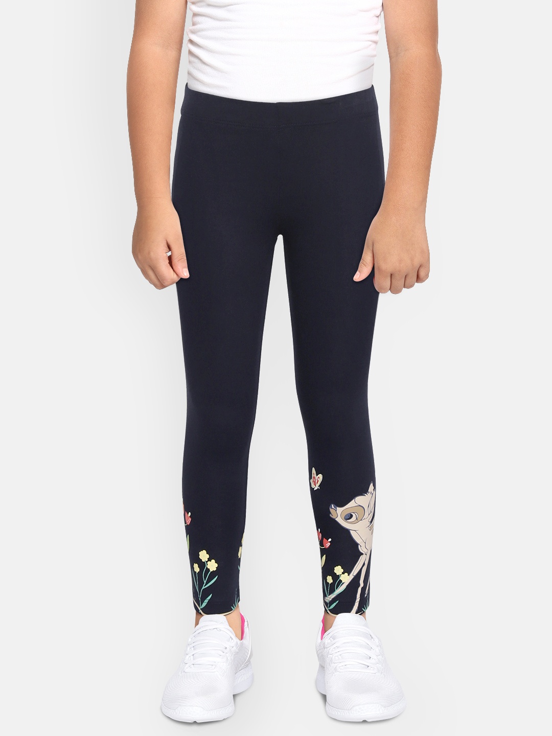 

YK Disney Girls Navy Blue & Beige Bambi & Floral Print Detail Pure Cotton Leggings