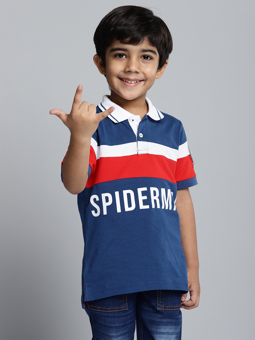 

YK Marvel Boys Navy & Red Cotton Striped & Spider-Man Polo Collar Applique T-shirt, Navy blue