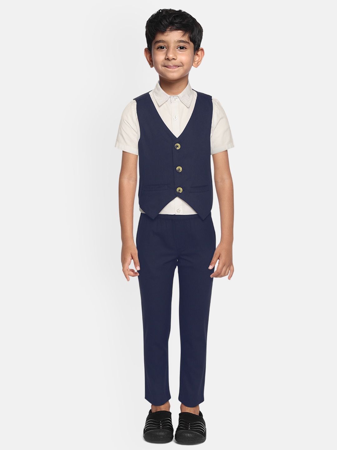 

YK Boys Navy Blue & White Pure Cotton Solid Shirt with Trousers & Waistcoat