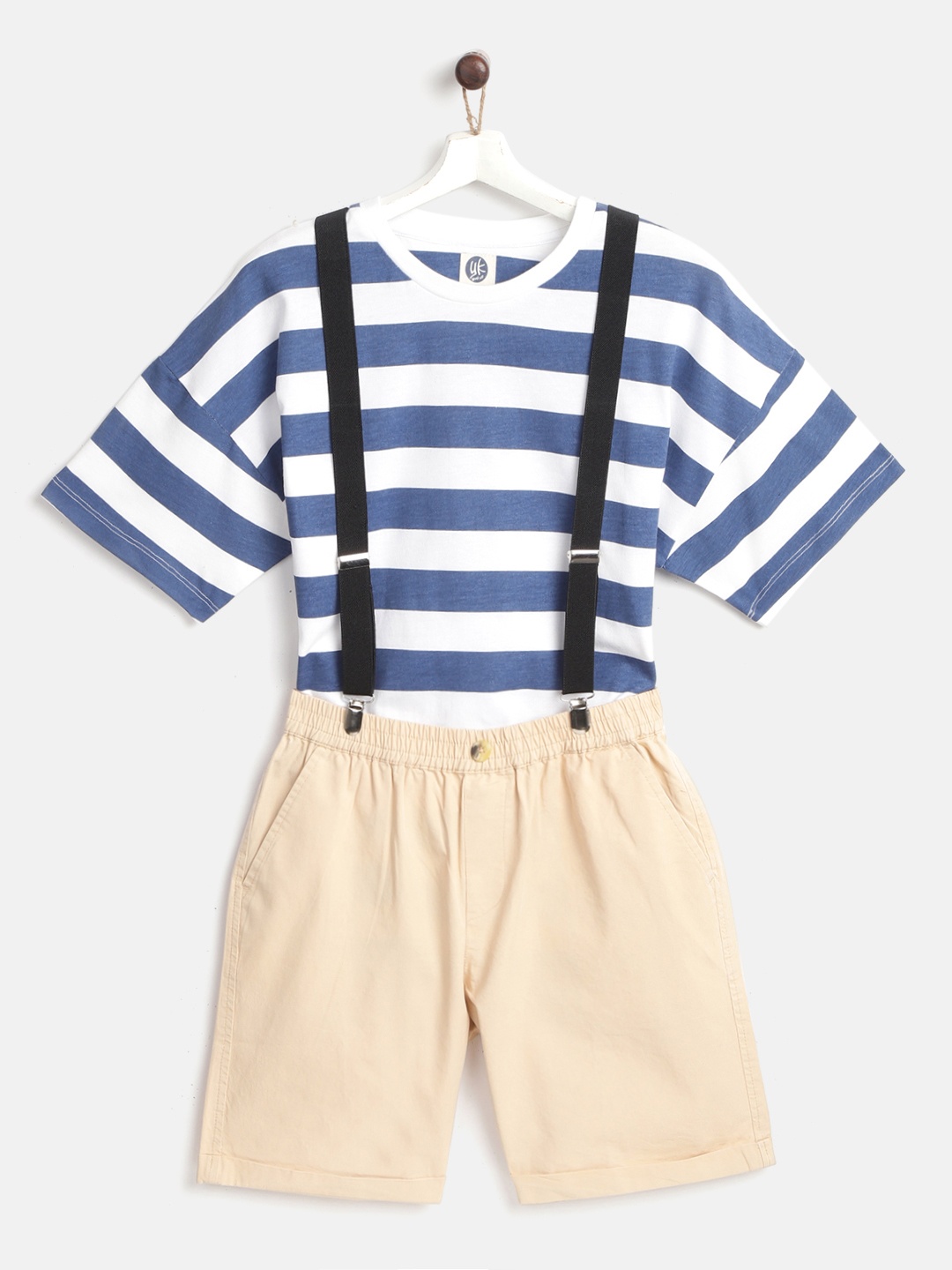 

YK Boys White & Navy Blue Cotton Striped T-shirt with Solid Shorts & Detachable Suspenders